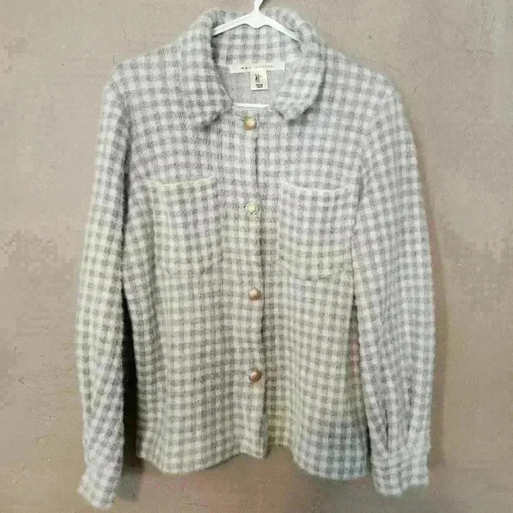 Max studio grey white plaid button up shacket jacket size M gold buttons - Picture 1 of 3